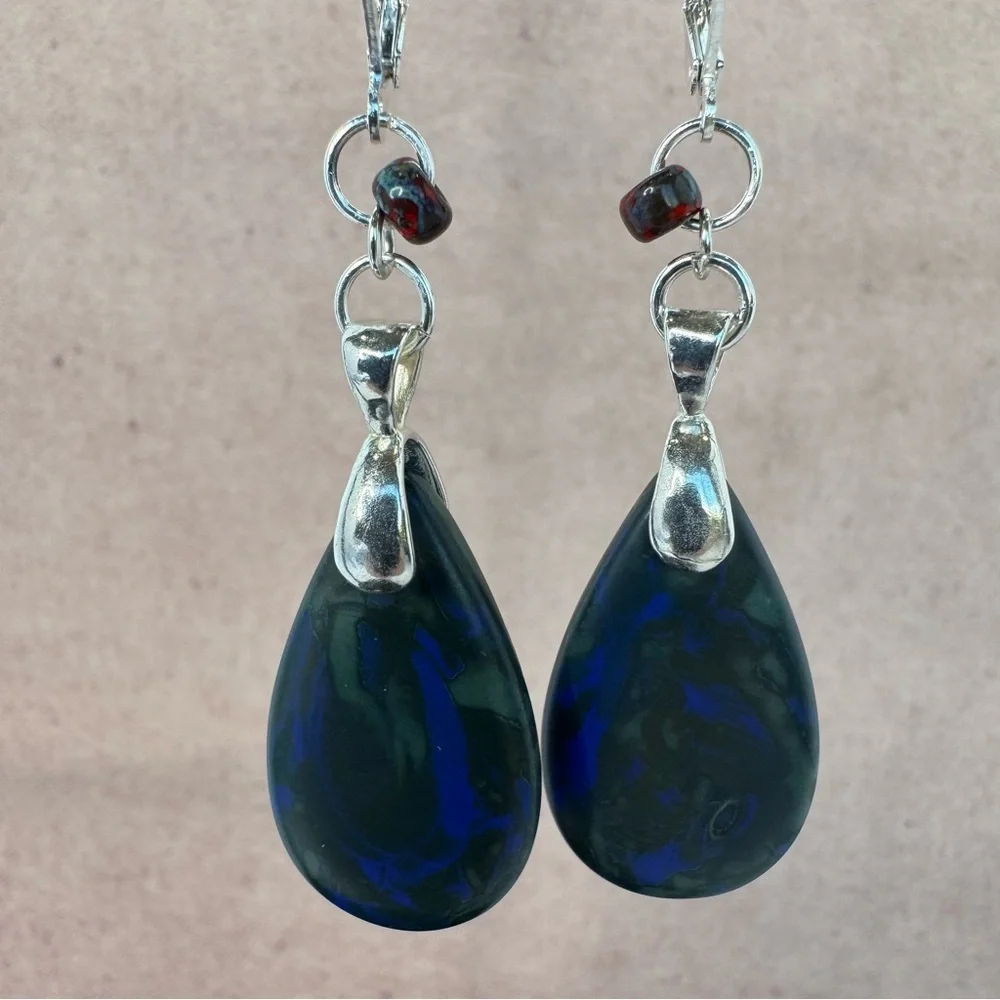 HAND CRAFTED Czech Glass Teardrop EARRINGS Matte Cobalt Blue Picasso NWT